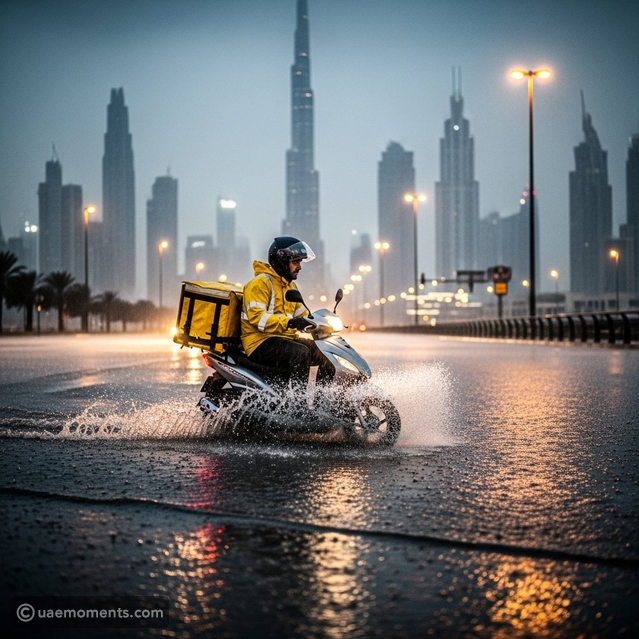 Delivery Riders Struggling During the Heavy Rain in the UAE